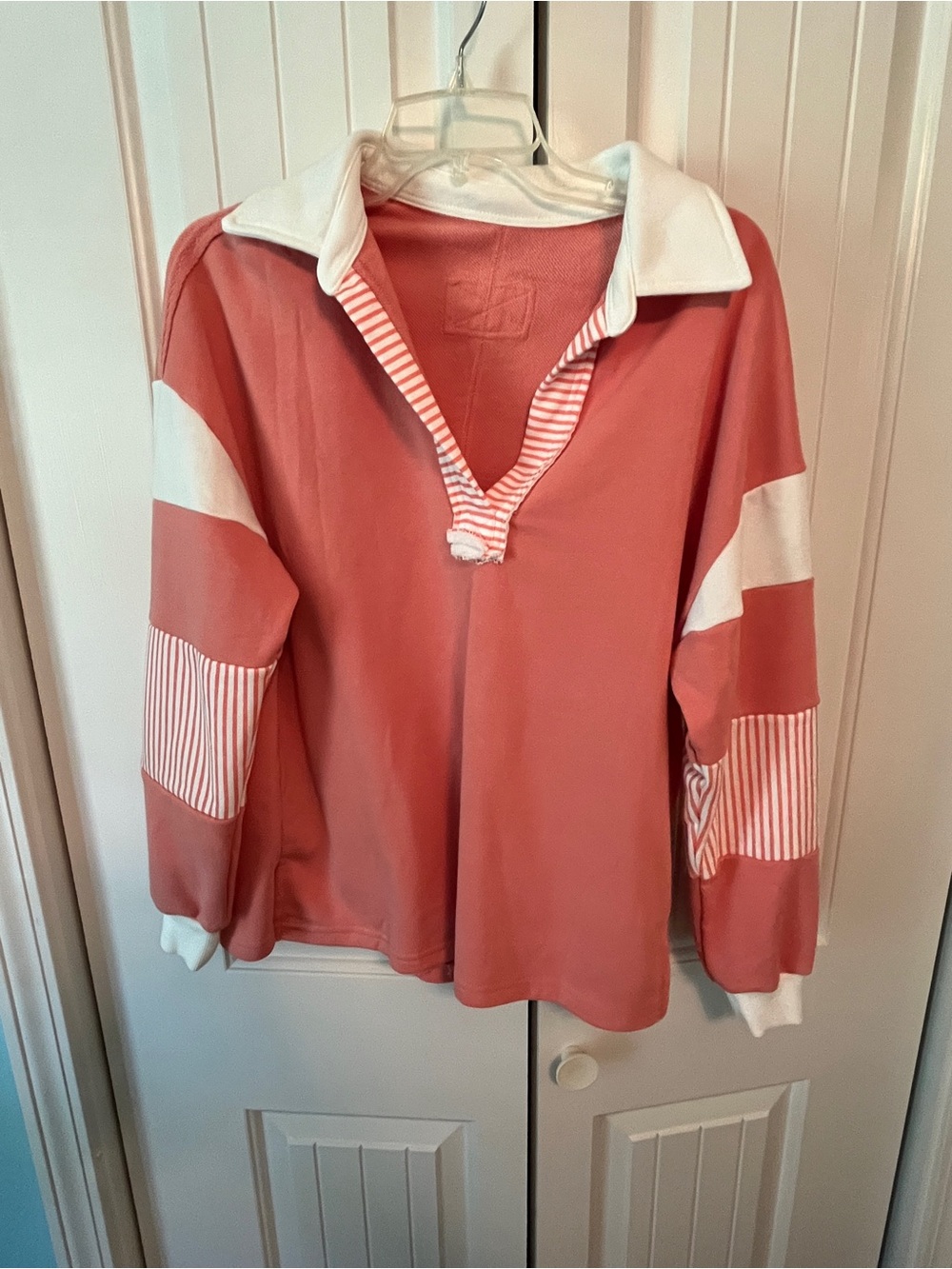 Women’s Long Sleeve Pullover - coral with White Trim